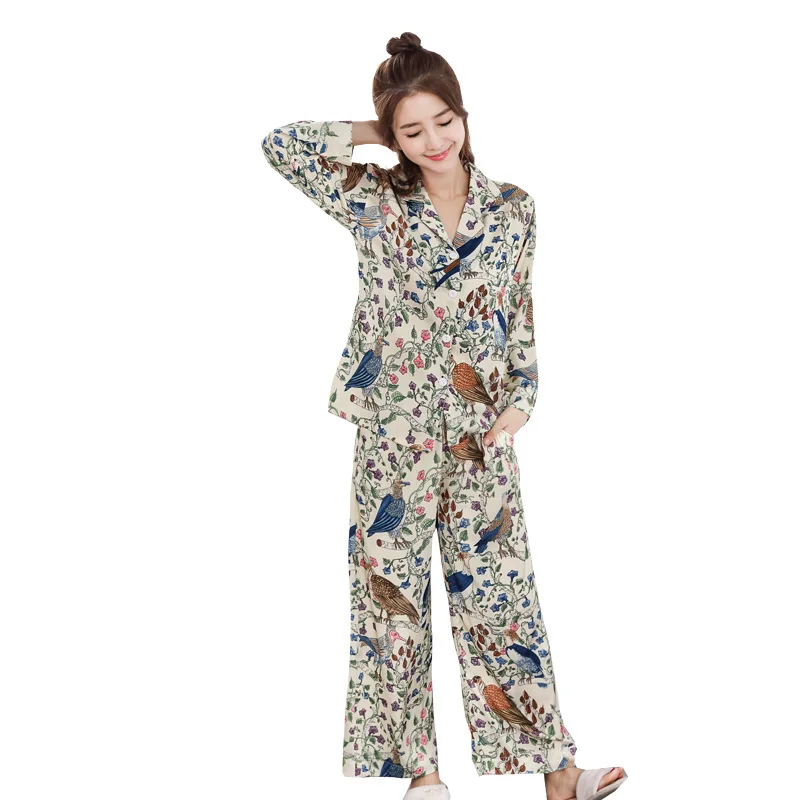 

Women Rayon Pajamas Sets Sexy Print Birds Pyjamas Sleepwear 2PCS Full Sleeve&Pant Nightwear Sleep Suit Casual Summer Home Wear
