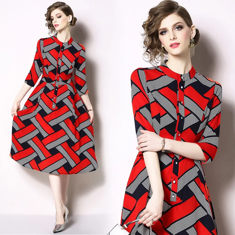 

Summer Women's New Geometric Printed Mid-Length Slim-Fit Plaid Dress