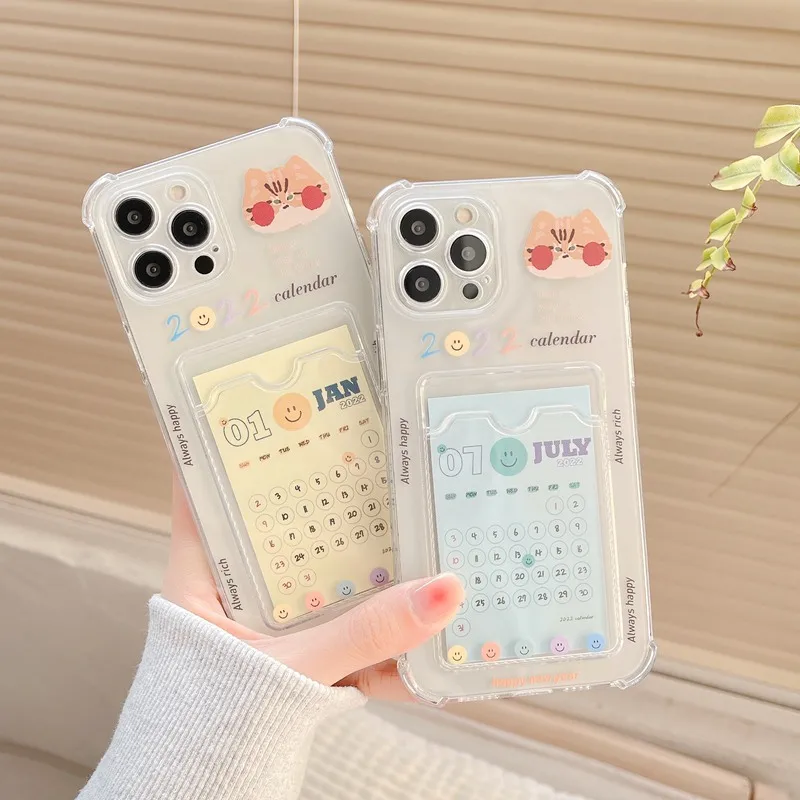 

Cute 2022 Calendar Card Cartoon Phone case For iPhone 13 11 12 Pro Max XS X XR 7 8 Plus Clear Wallet Card Slot Holder Soft Cover