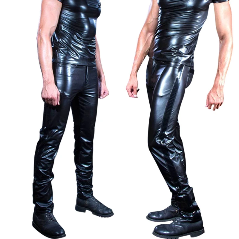 

Men Sexy Black Wetlook Faux Leather Lingerie pole dance Exotic Pants PU Latex Catsuit Zipper PVC Stage Clubwear gay fetish Pants