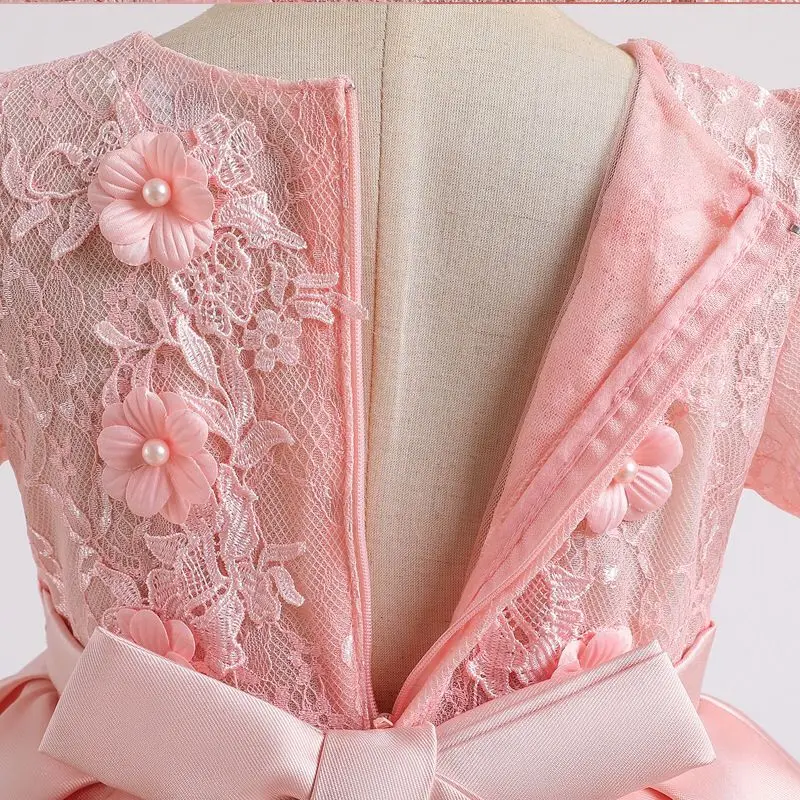 

Flower Girls Dresses Illusion Appliques Pearls Embroidery Tulle Lace O-Neck Knee-Length Pink Short Kids Party Princess Gown F319