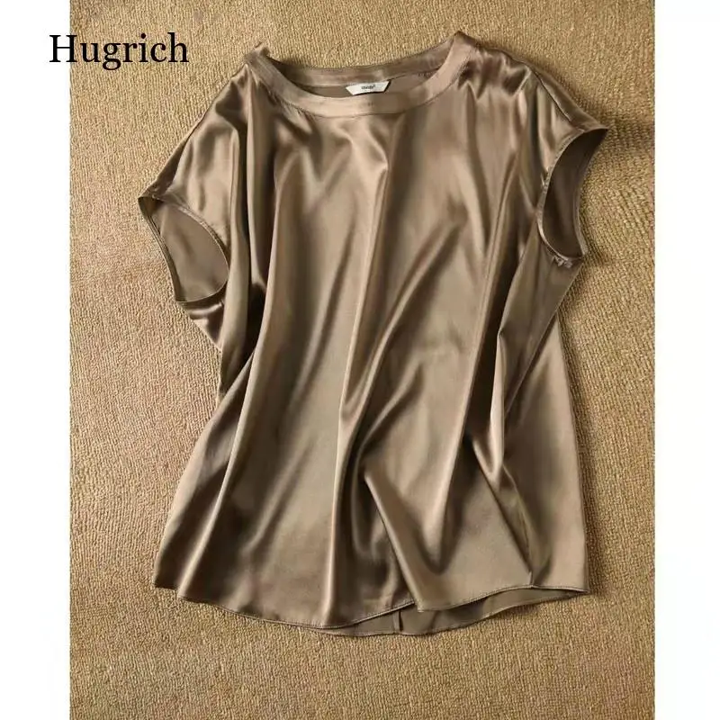 

Satin Blouses 2021 Women Summer Fashion Clothing Elegant Solid Office Lady Tops Short Sleeve O Neck Plus Size Basic Tees T-shirt