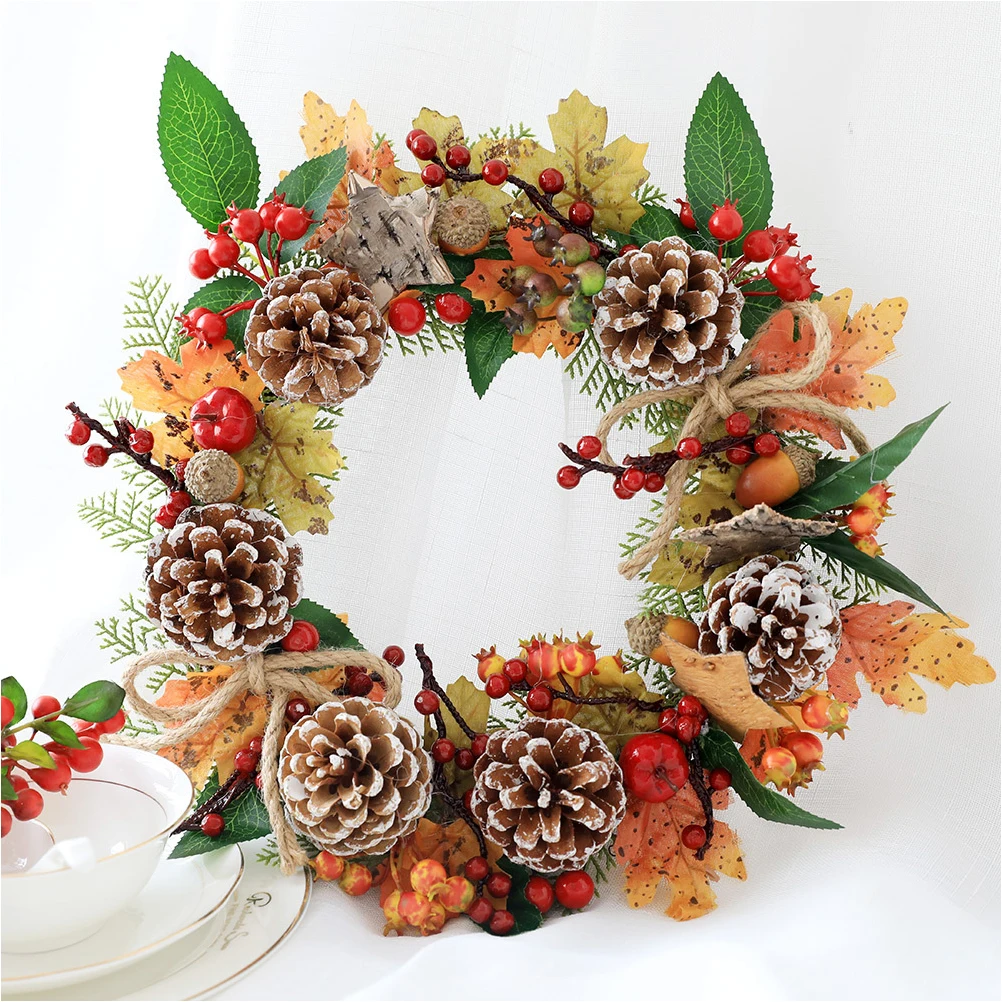 30 см Рождественский венок осенний кленовый лист сосновый конус ягодный подвеска