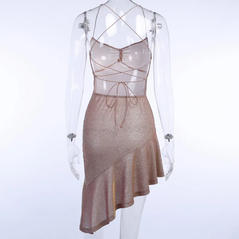 

Gwirpte sexy spaghetti straps backless lace up Mini Dress V-Neck Women summer Asymmetry Ruffles Party Dresses