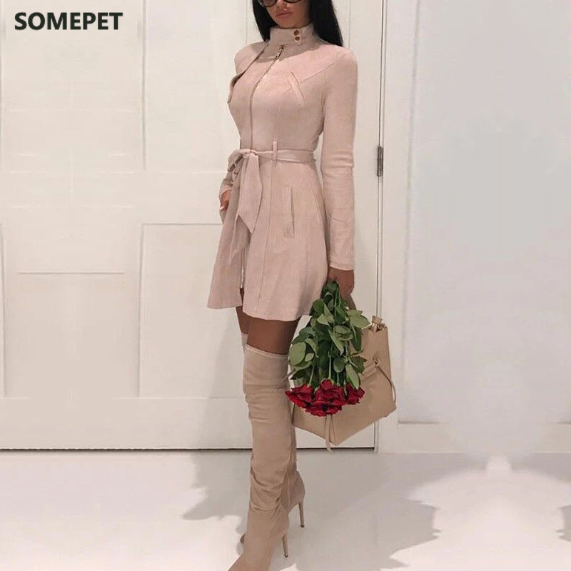 

Autumn Women's Casual sash suede Dress Casual leather pocket long Sleeve women autumn Mini Dress Winter warm female Dresses