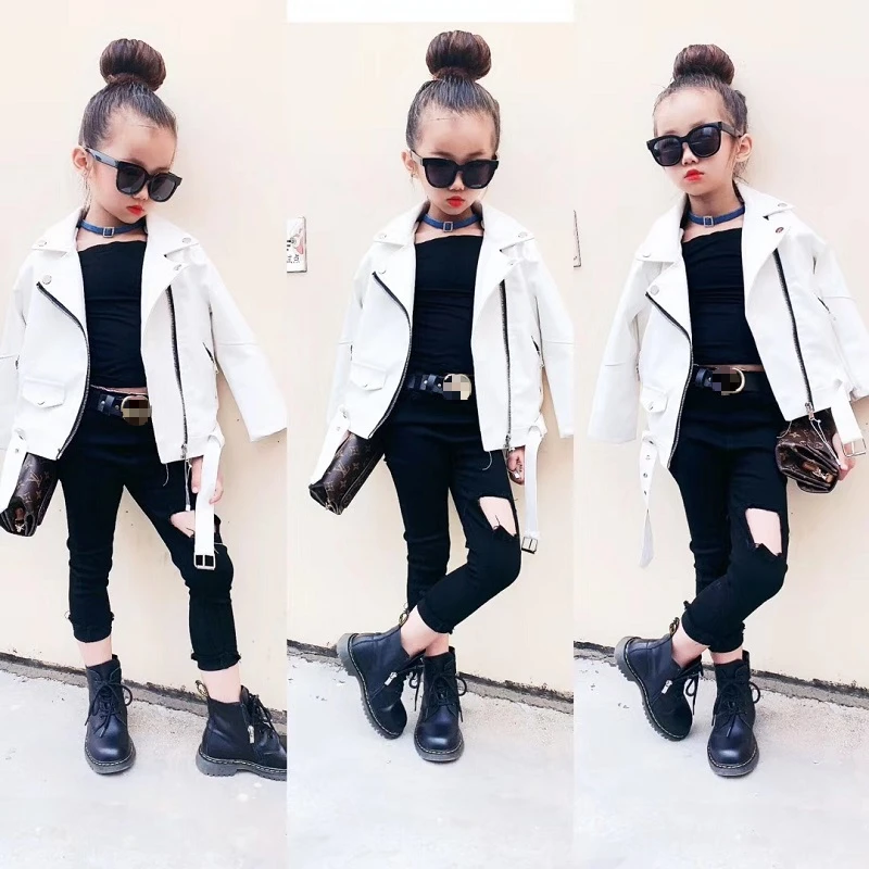 Брендовые Белые Куртки из искусственной кожи на молнии для девочек