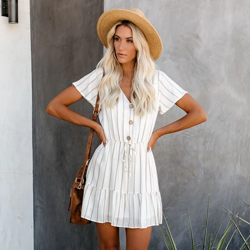 

Summer Striped Print Dress Women Dress Short Sleeve Button White Dress Beach Sundress