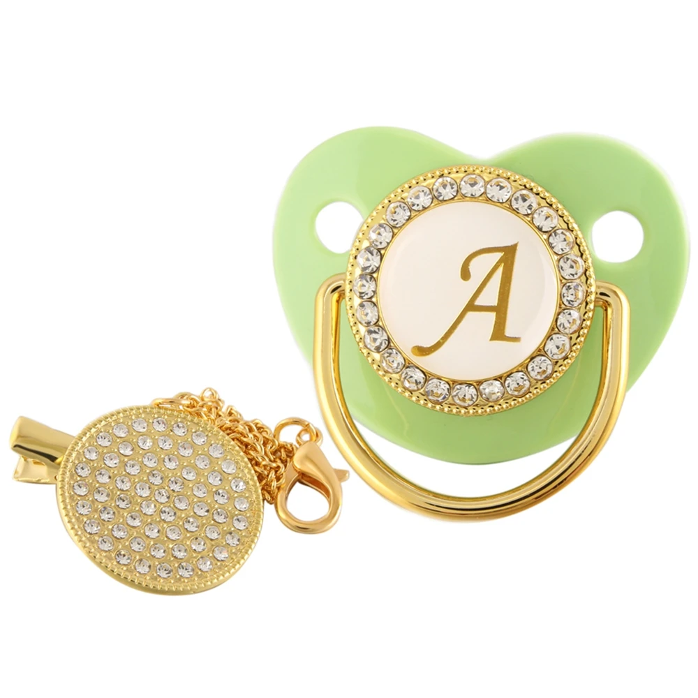 Luxury Green Initial Letter Bling Baby Pacifier with Chain Clip Newborn Baby Dummy Food Grade Silicone Pacifier Soother