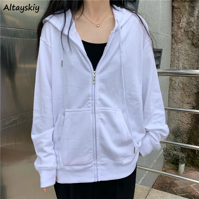 

Куртка Женская Базовая с капюшоном, однотонная свободная простая универсальная модная уличная одежда на молнии в Корейском стиле для студе...