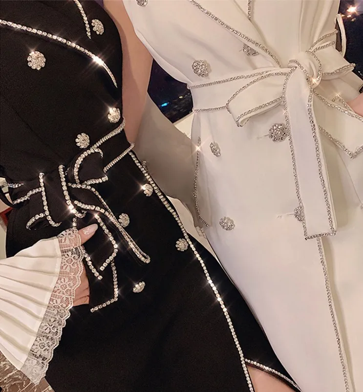 Fashion Autumn Celebrity Lady's Water Drilled Diamond Double-breasted Suit Dress Slim Shiny Women Blazer Dress