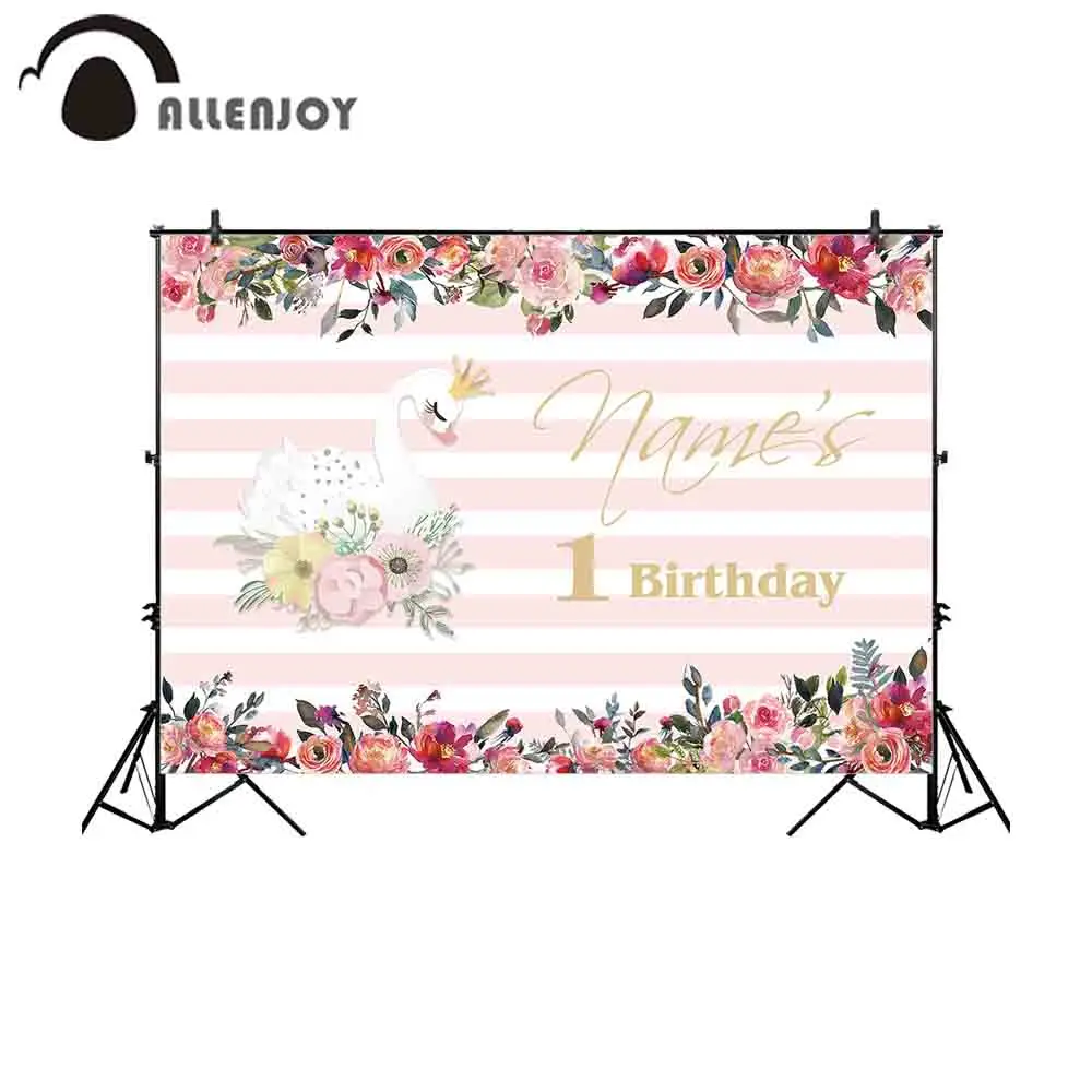 Allenjoy занавеска на 1 й День рождения цветы мандаринка Лебедь Полосатый Розовый фон