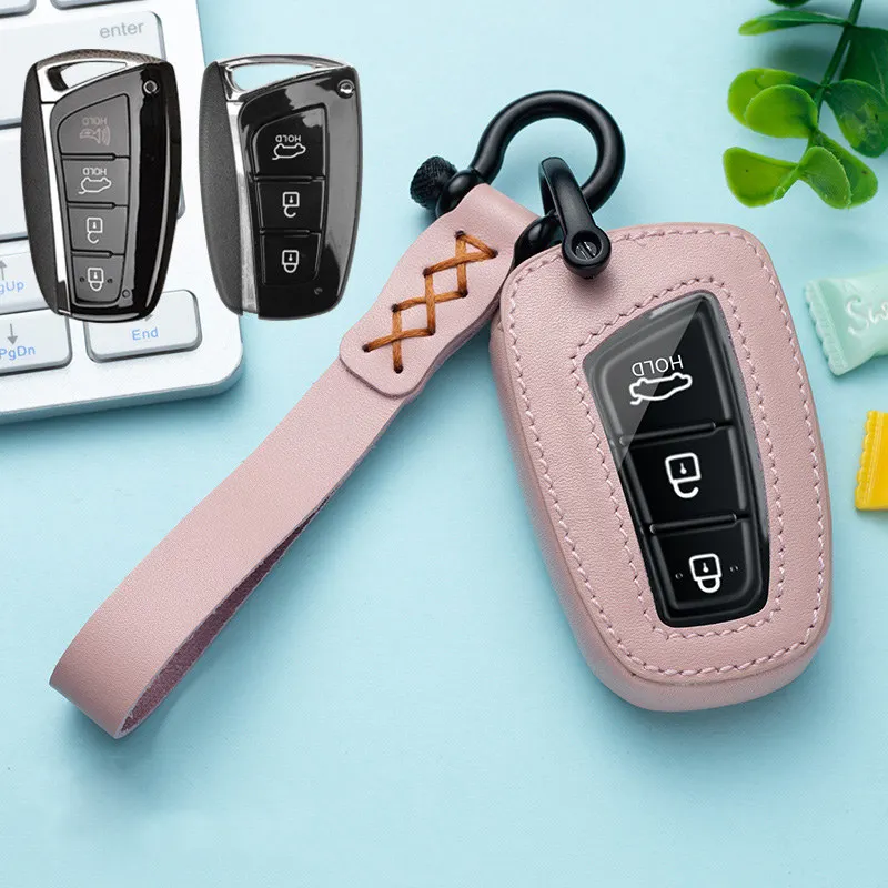 

Genuine Leather 4 Buttons Car Smart Key Cover Skin Case Shell For Hyundai Solaris Accent Elantra ix35 ix45 Santa Fe Accessories