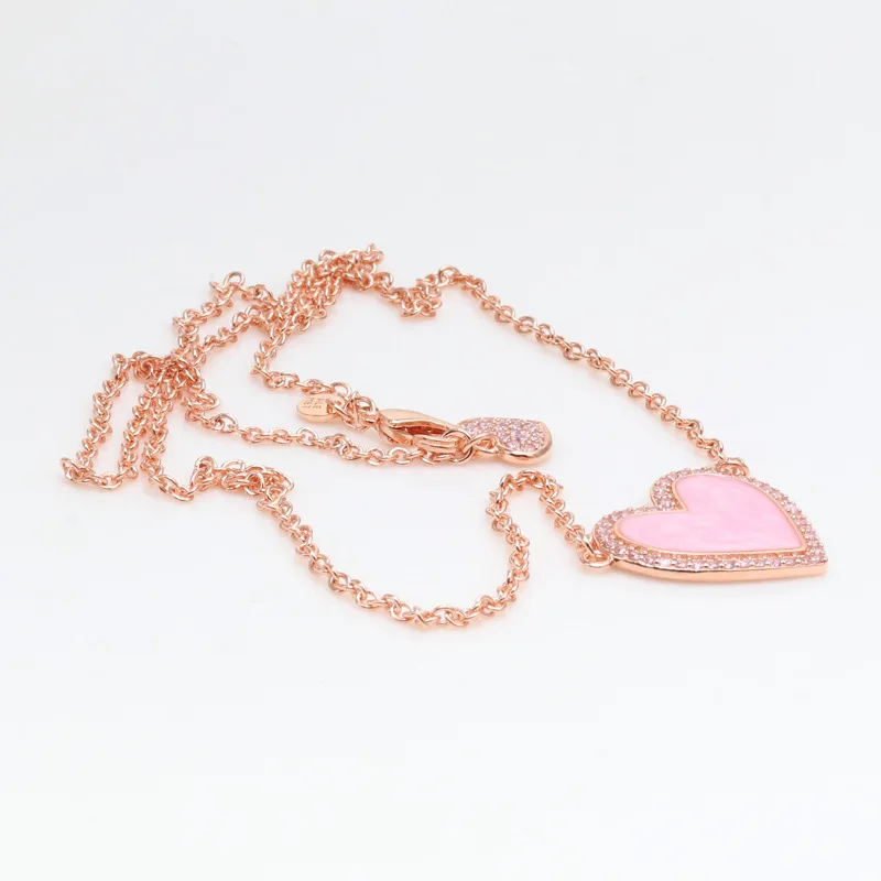 

925 Sterling Silver Female Classic Necklace Small Zircon Simple Pink Heart Wedding Pendant Necklace for Women Bride Jewelry