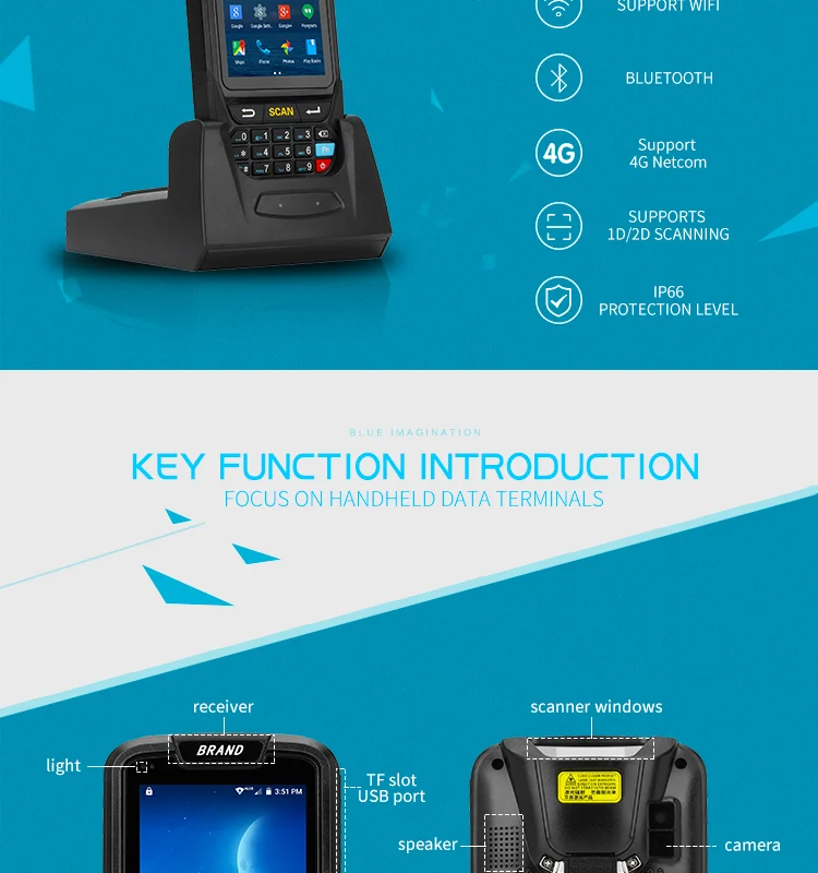 Android 7,0 Ручной терминал сбора данных с 1D Wifi BT 4G gps PDA(1D камера Колыбель батареи