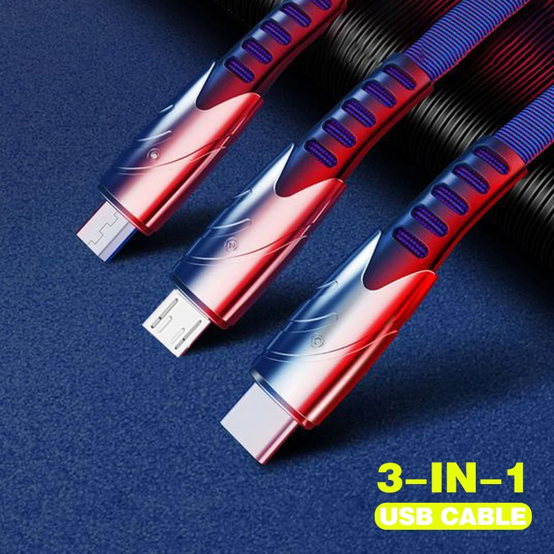Кабель быстрой зарядки 3 в 1 с разъемом Type C 8Pin Micro USB нейлоновый Плетеный более