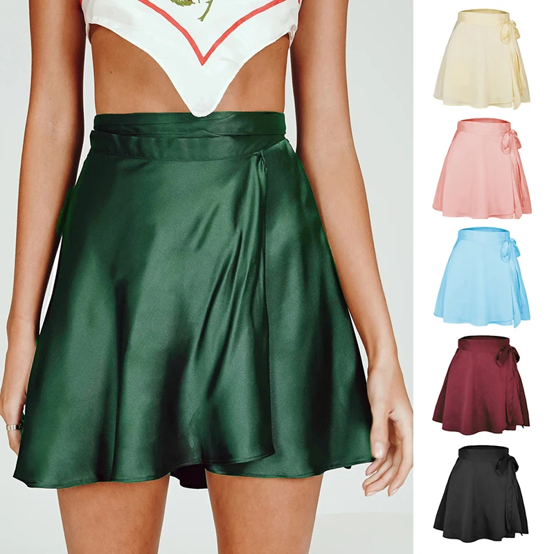 Summer Fashion Sexy Ladies Solid Color Beach Dress High Waist One-Piece Lace Short Skirt Chiffon Satin Wrap Skirt