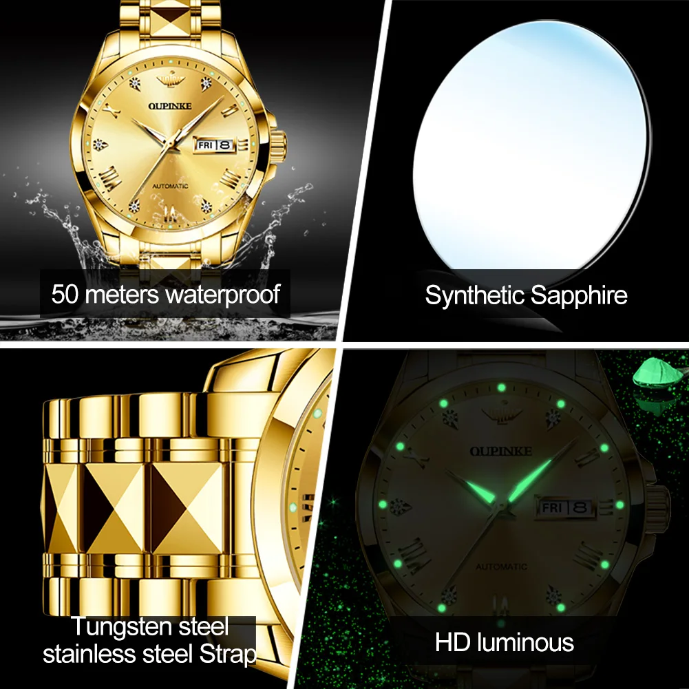 

OUPINKE Gold Men's Mechanical Watches Brand Luxury Automatic Watch Men Stainless Steel Waterproof Wristwatch Relogio Masculino