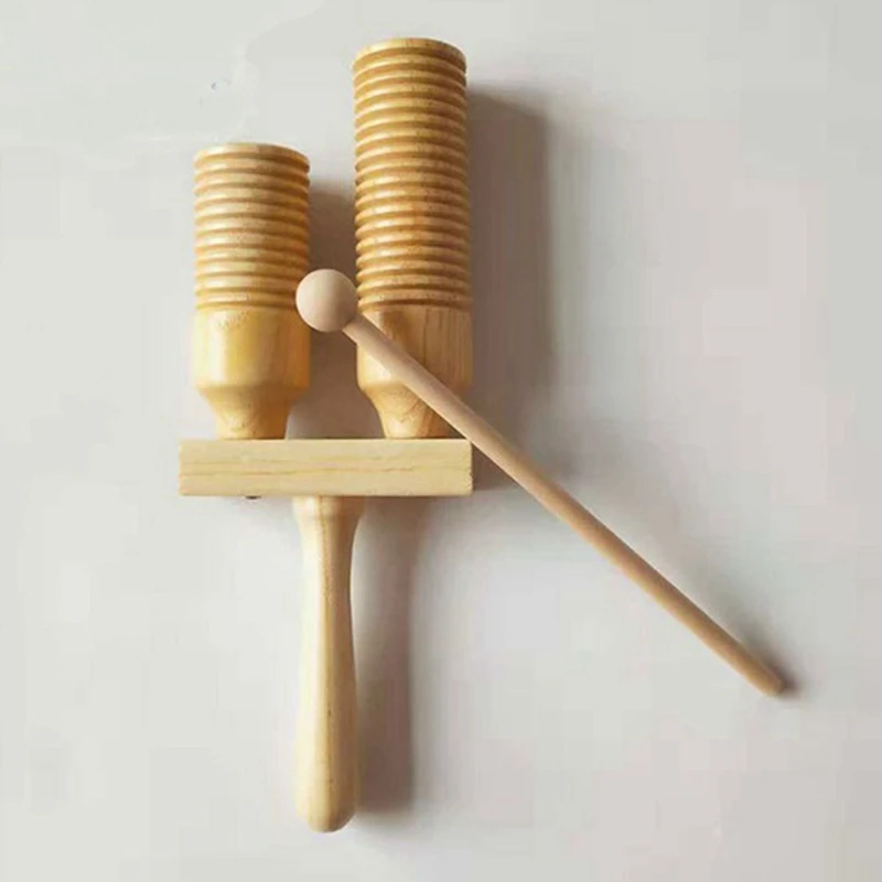 HOT-Music Percussion Pair of Wooden Agogo Bells Connected to Handle with Sticks for Children's Toys |
