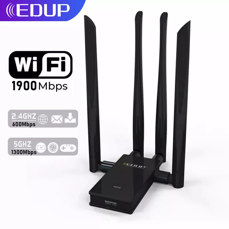 

EDUP 1900Mbps USB WiFi Adapter USB 3.0/2.0 Network Card Receiver Dual Band 2.4G/5Ghz 4*6dbi Antennas for Laptop Desktop Computer