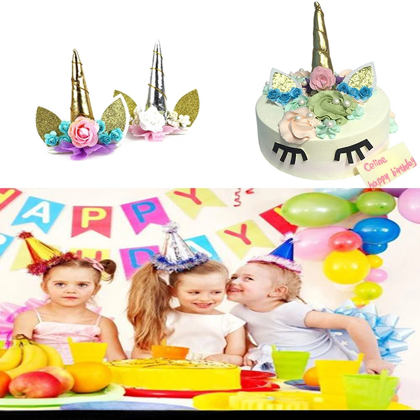 Золотой Серебряный Розовый Единорог рога торт Топпер дети день рождения ребенка