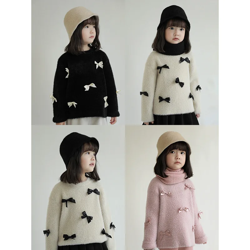 

Girls' Velvet Sweater 2021 New Children's Clothes Winter Cute Bow Baby Warm Foreign Style Top