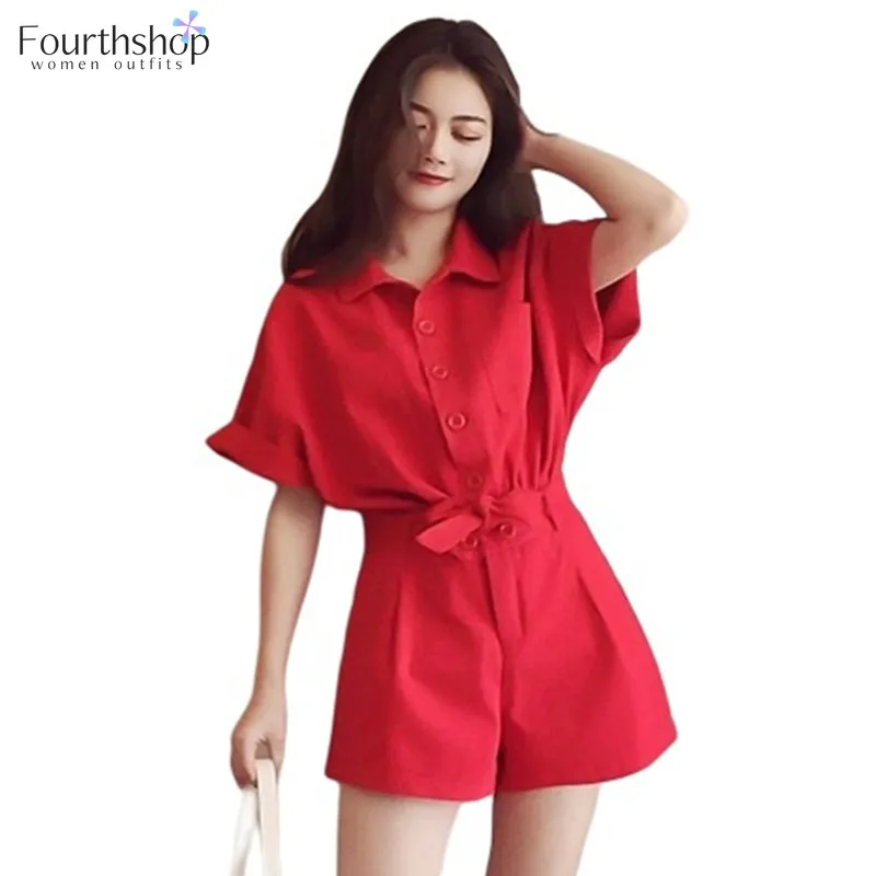 

2021 Summer Fashion Women Playsuits Short Sleeved Overalls Solid Color Casual Jumpsuits Female Elegant Rompers with Sashes