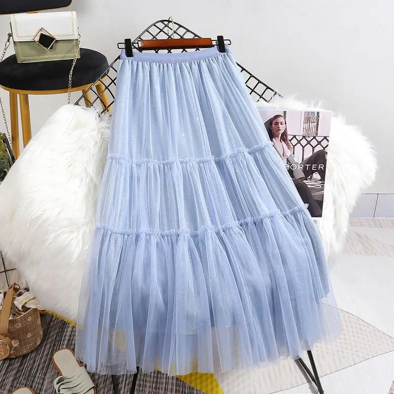 

2022 Summer New Korean Elastic High Waist Slim Mesh Skirt All-match Casual Elegant Women A-line Long Skirt Tide Free Shipping