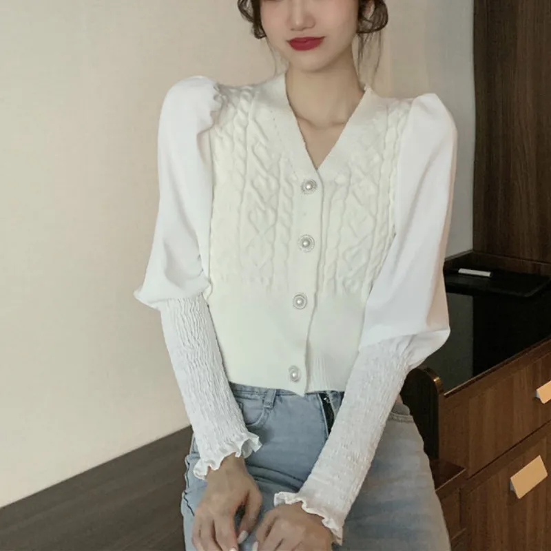 

Kimutomo Women V-neck Knitted Cardigans Female Patchwork Slim Waist Single Breasted Outwear Short Tops Spring Autumn 2021