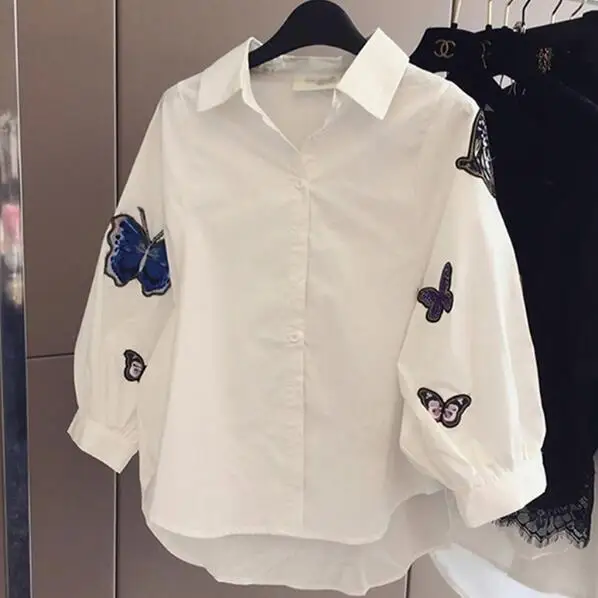 Белая блузка новинка 2020 весна лето длинный рукав Бабочка вышивка Аппликации