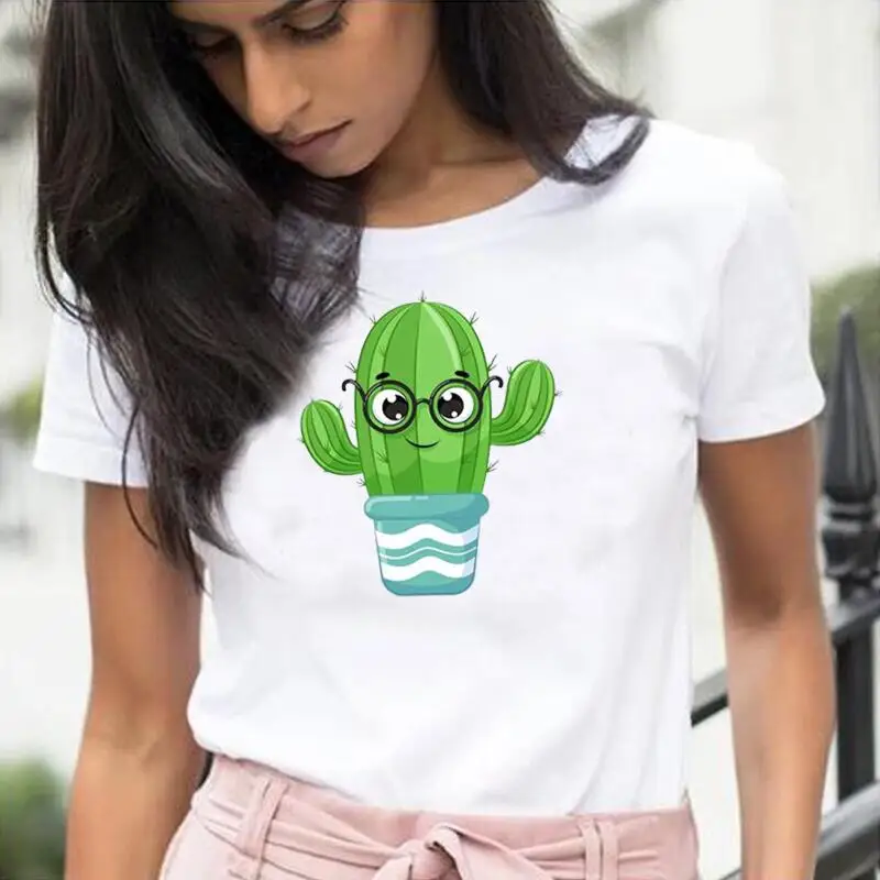 

Fashion Short Sleeve Casual T Shirt Women Tops Cotton Funny Cactus Succulent Plants Lover Print Tee Shirt Femme Camiseta Mujer