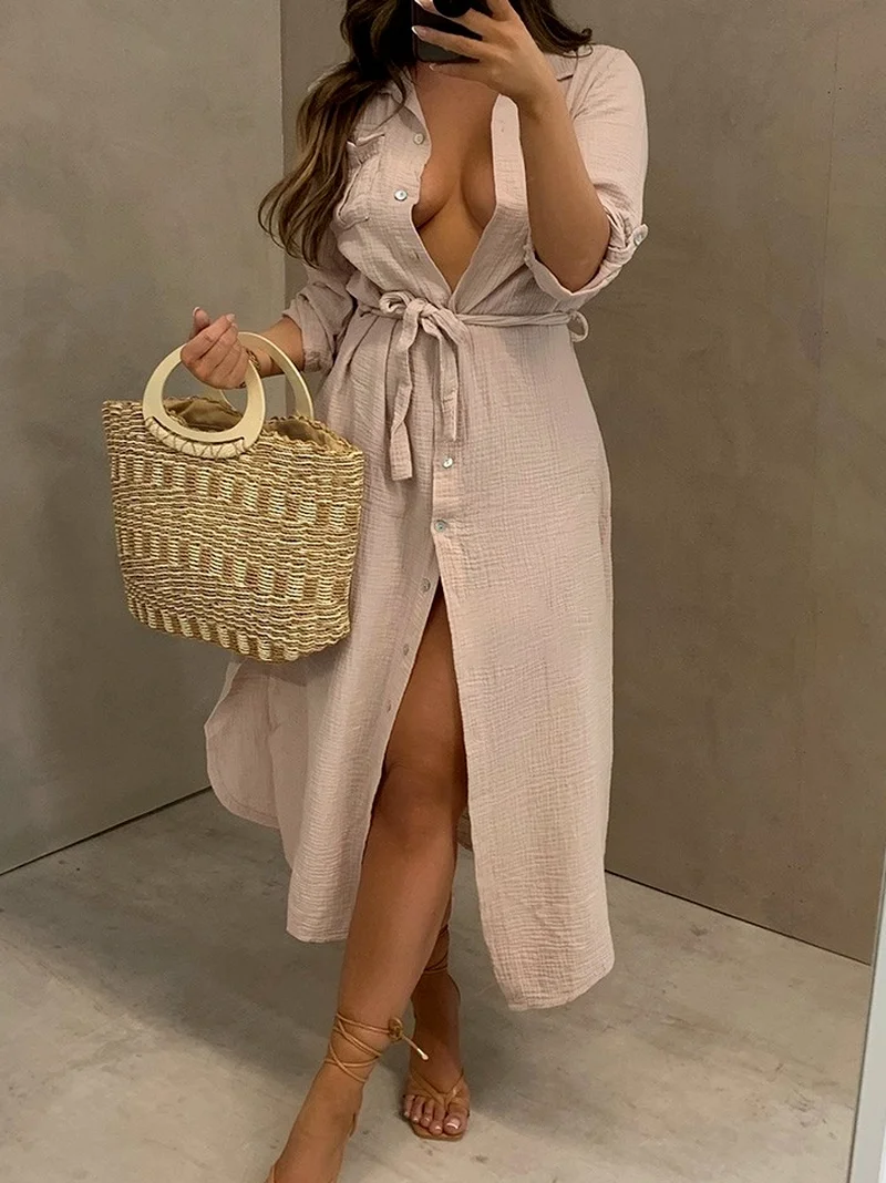 

Loose Casual Button Pockets Mid-Calf Dress Women Summer 2021 New Fashion Black Sexy Shirt Dress A-line Midi Dress Clothing Women