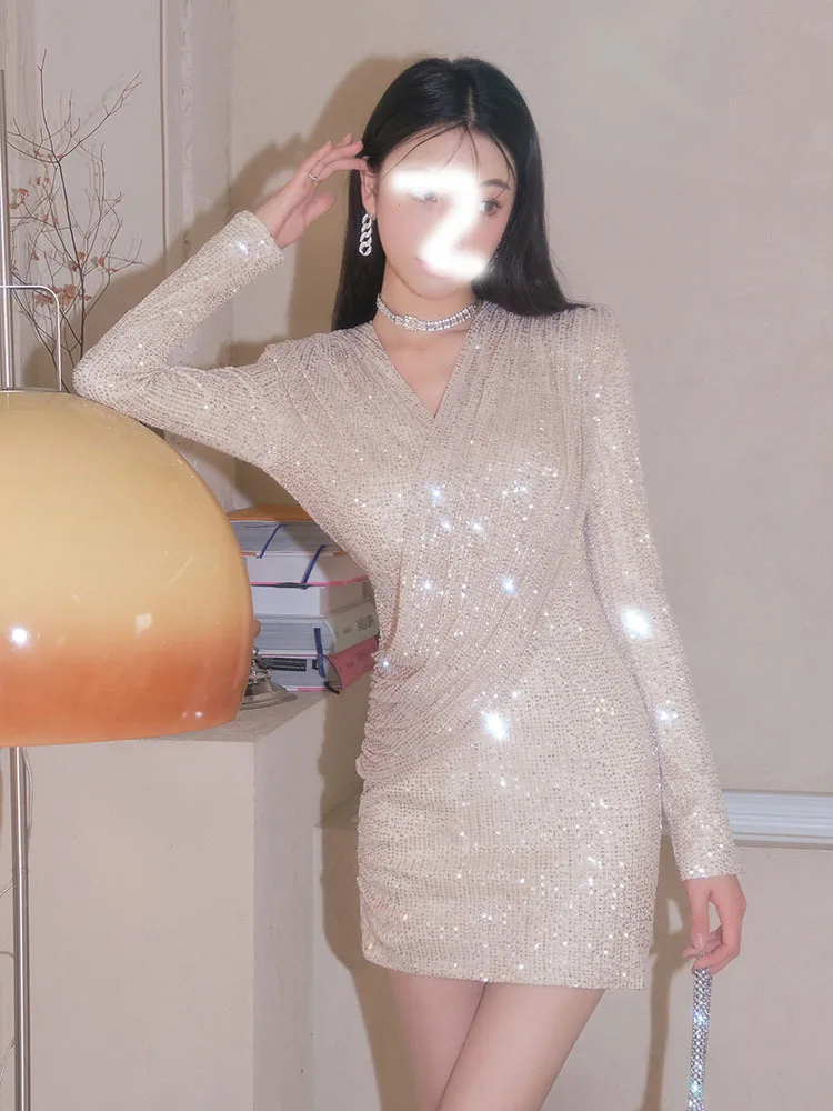 

Fashion V Neck Long Sleeve Mini Skirt Sequins Sexy Slim Skinny Celebrity Robes Birthday Dress Night Clubbing Prom Vestidos 2022