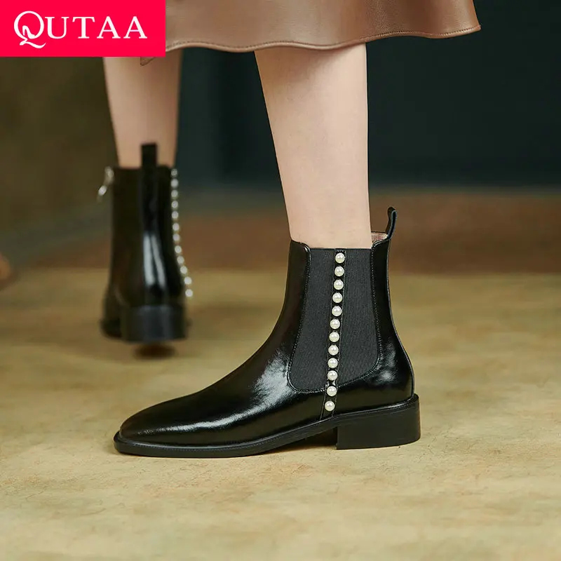 

QUTAA 2022 Winter Ankle Boots Round Toe Genuine Leather Women Shoes Square Low Heel String Bead Short Boots Big Size 34-40
