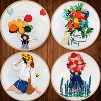 3d diy embroidery kit girl flowers pattern printed beginner round cross stitch kits sewing craft set needlework tools home decor
