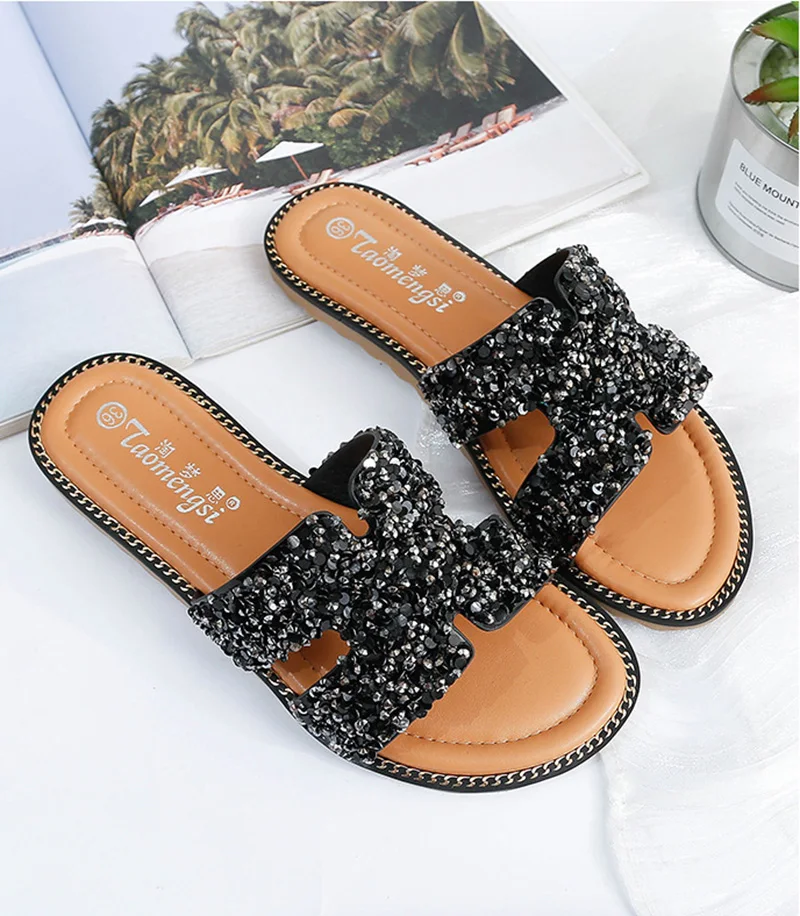 Блесток Стразы Верхняя Удобная обувь тапочки на открытом воздухе с открытым