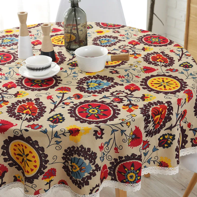 

Bohemian national wind round lace tablecloth Cotton Printed Hotel Decorative Table Cloth sunflower decor table covers lace