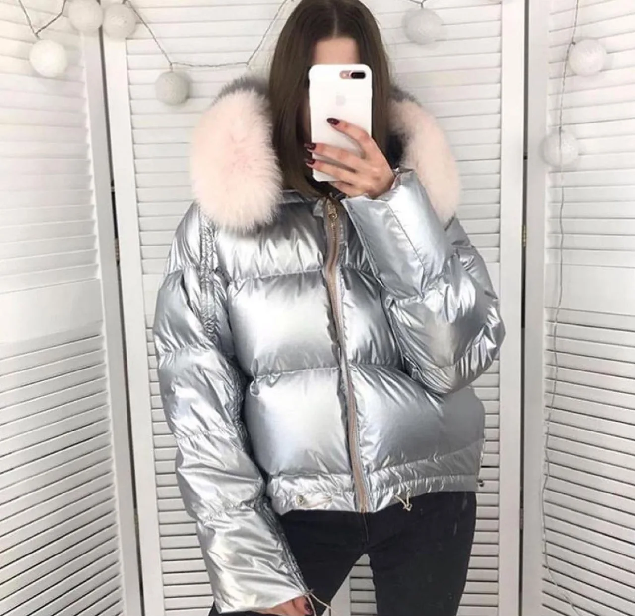 Зимняя блестящая ткань золотистый Серебристый большой Лисий меховой воротник с