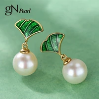 gn pearl green enamel leaf design 7 8mm white natural freshwater pearl 925 sterling silver drop earrings gnpearl fine jewelry