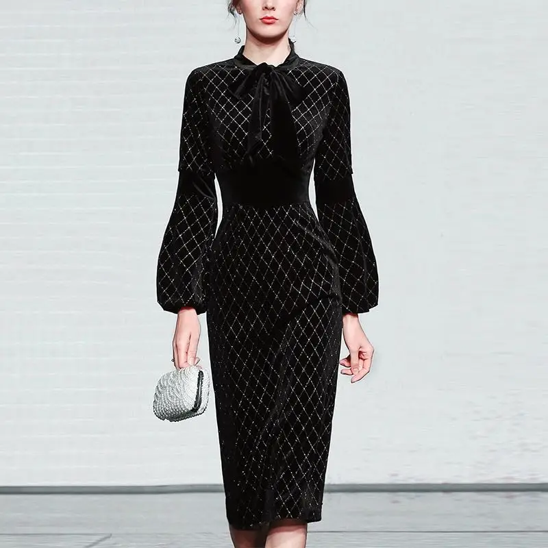 

JSXDHK Подиумные дизайнерские женские бархатные платья с рукавами-фонариками осенне-зимнее облегающее платье-карандаш с бантом и блестками в клетку