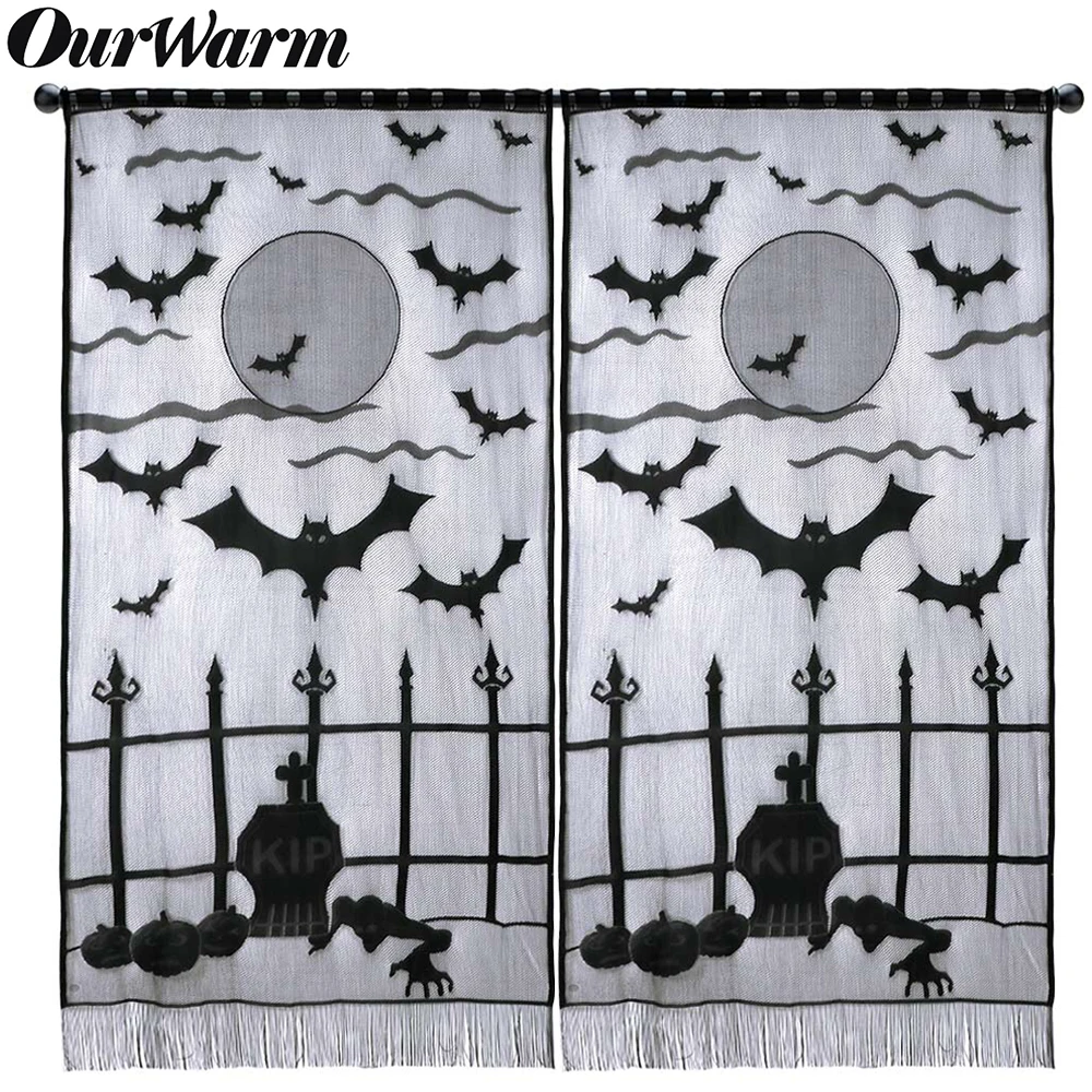 

OurWarm Halloween Window Curtain Horror Black Lace Props Pumpkin Bat Ghost Door Wall Hanging Halloween Party Decoration