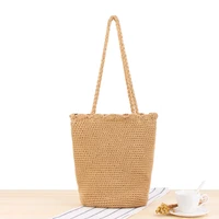 hand woven hand crocheting cotton string casual shoulder straw bag summer vacation beach handbag