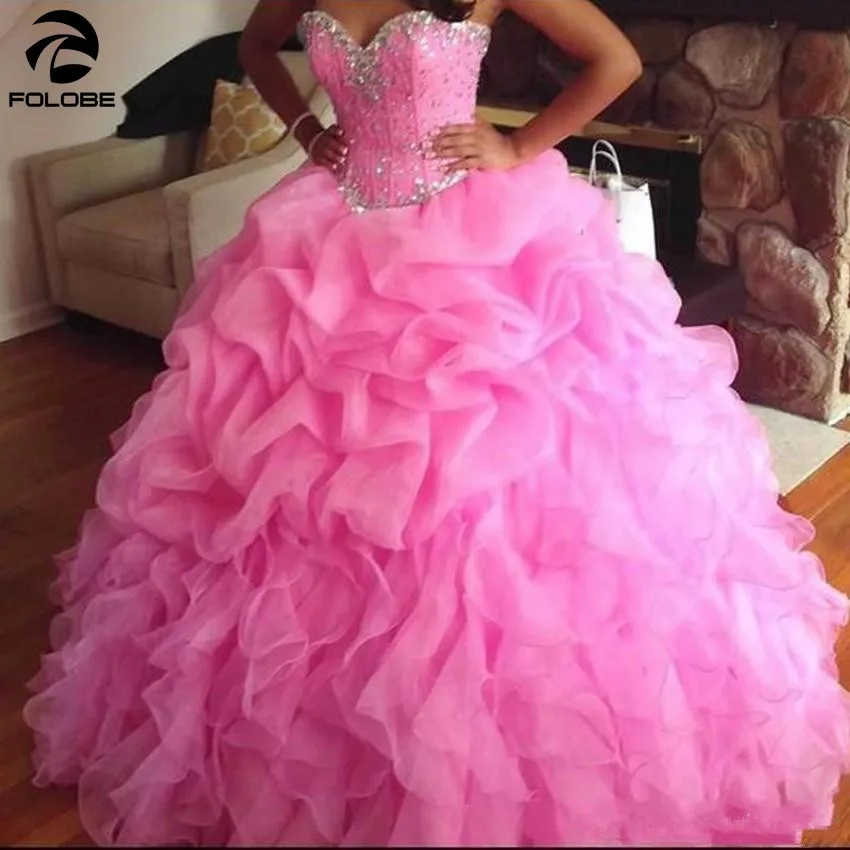

Cheap Mint Green Quinceanera Dresses Ball Gown Crystal Beaded Puffy Organza Ruffles Tiered Sweet 16 Quinceanera Prom Gowns Pink