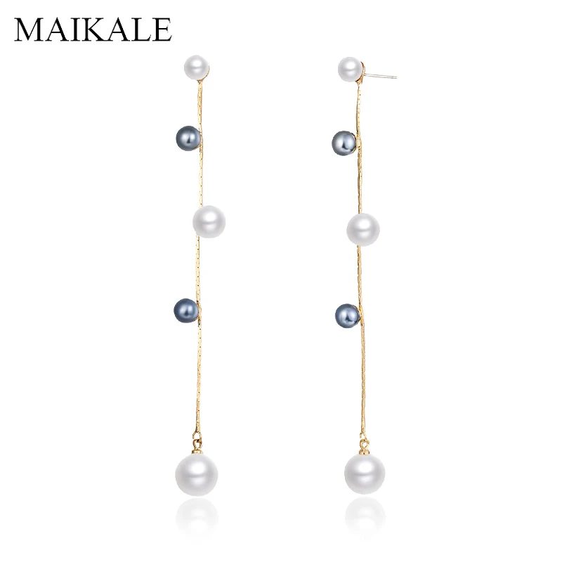 

MAIKALE Trendy Black Pearl Long Drop Earrings Gold Snake Chain Tassel Earrings with Pearl for Women Jewelry Girls Gifts