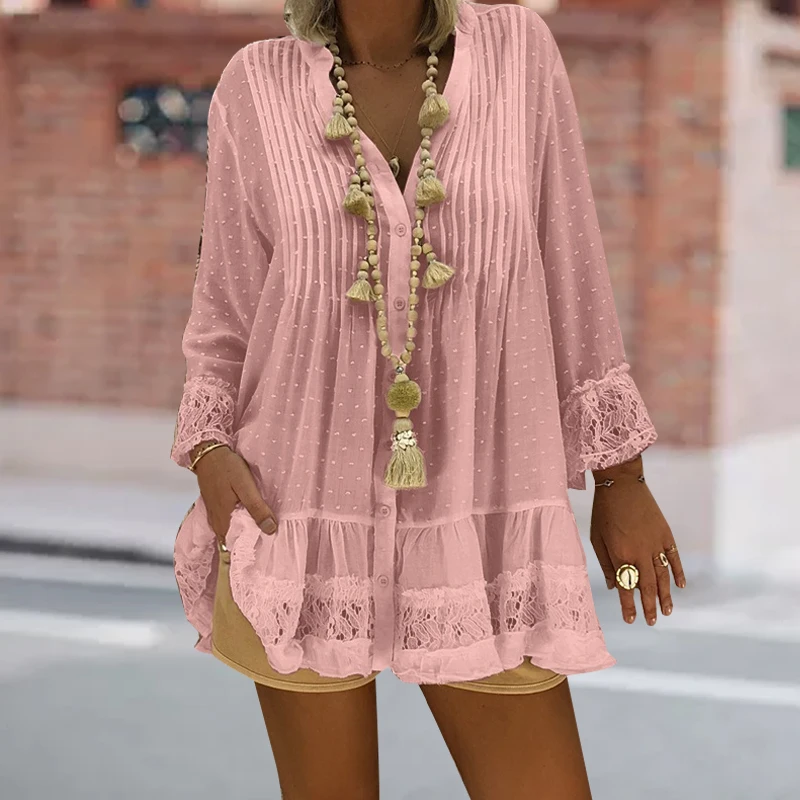 

Plus Size 2019 Summer Womens Tops and Blouses Chiffon Embroidery Full Sleeve V-Neck Hollow Out Bohemian Vitange Femme Blouses