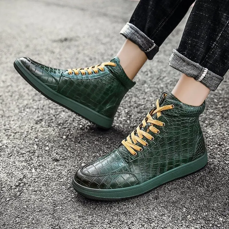 

Men's High-quality Autumn and Winter Leather High-top Casual Shoes Crocodile Pattern Leather Panel Shoes Zapatos De Hombre