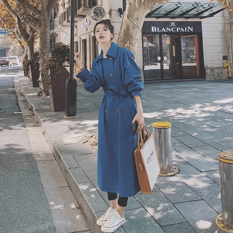 

Solid color Loose Casual Long windbreaker coat Turn-down Collar Double Breasted elegant long sleeve coat with belt Plus Size