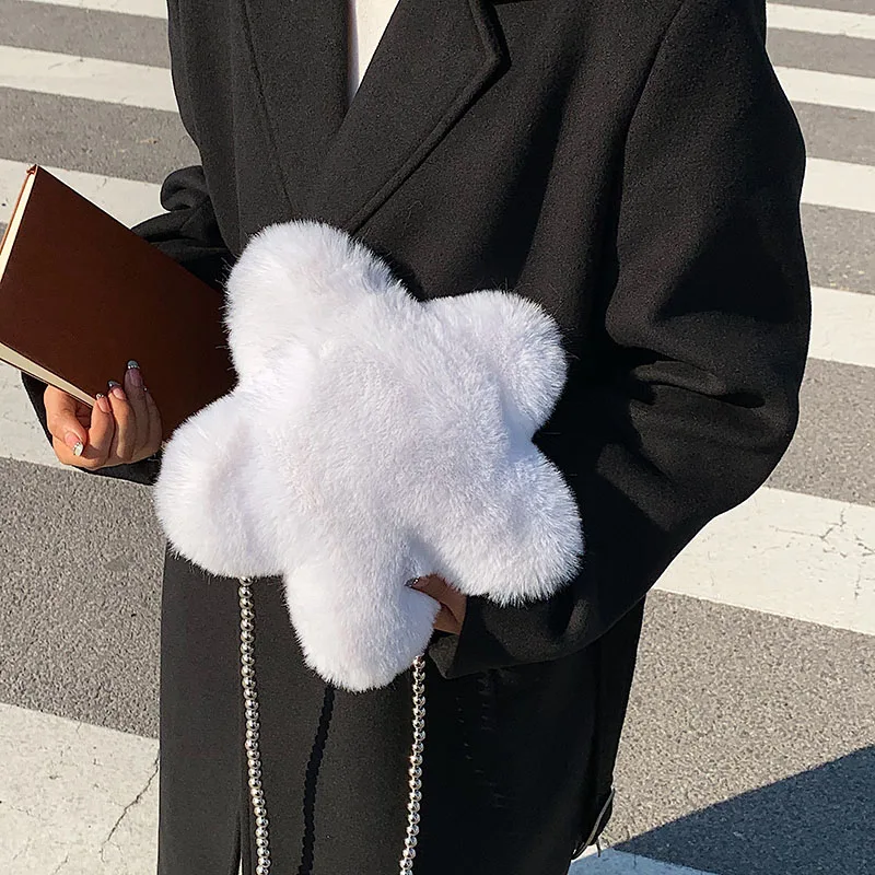 

Winter Women Simple Solid Faux Fur Bag Cute Girls Soft Plush Bag Purses Pearl chain Shoulder Bag Single Crossbody Bags for Women