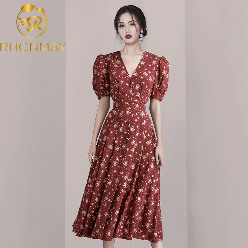 

New Designer Runway Women Bodycon Pleated Dress New Summer Short Puff Sleeve Print Midi Dress Sexy V neck Dresses