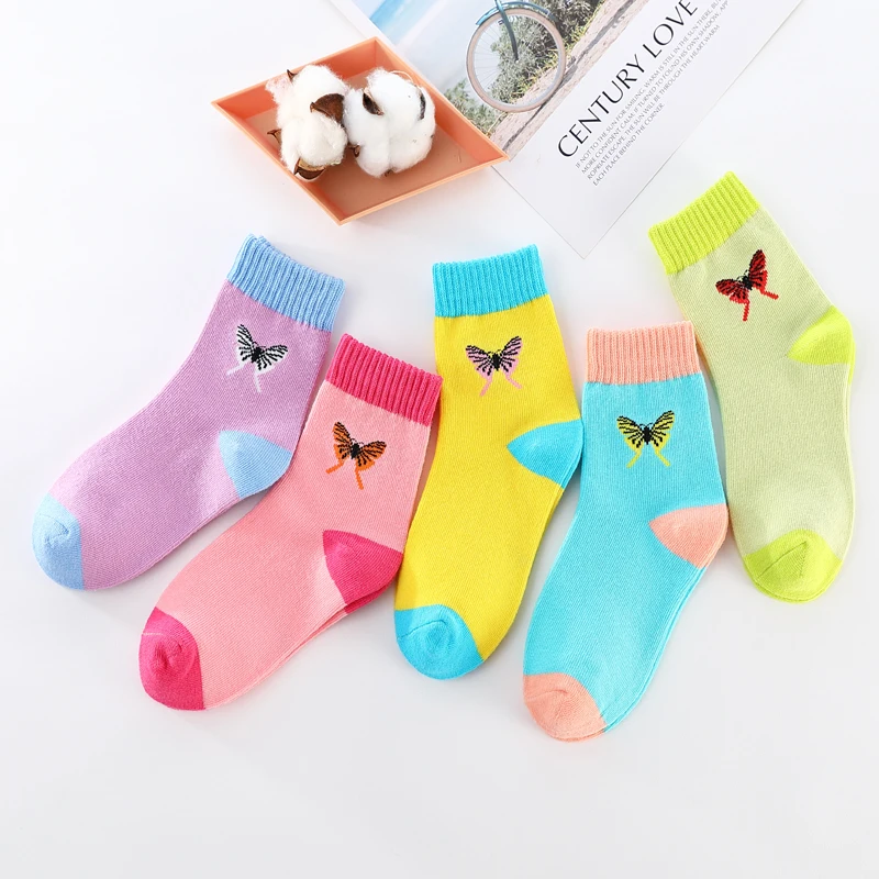 Calcetines de algod&oacute;n con estampado de mariposas para ni&ntilde;a, medias de colores pastel, de 1 a 16 a&ntilde;os, 5 par/lote-3