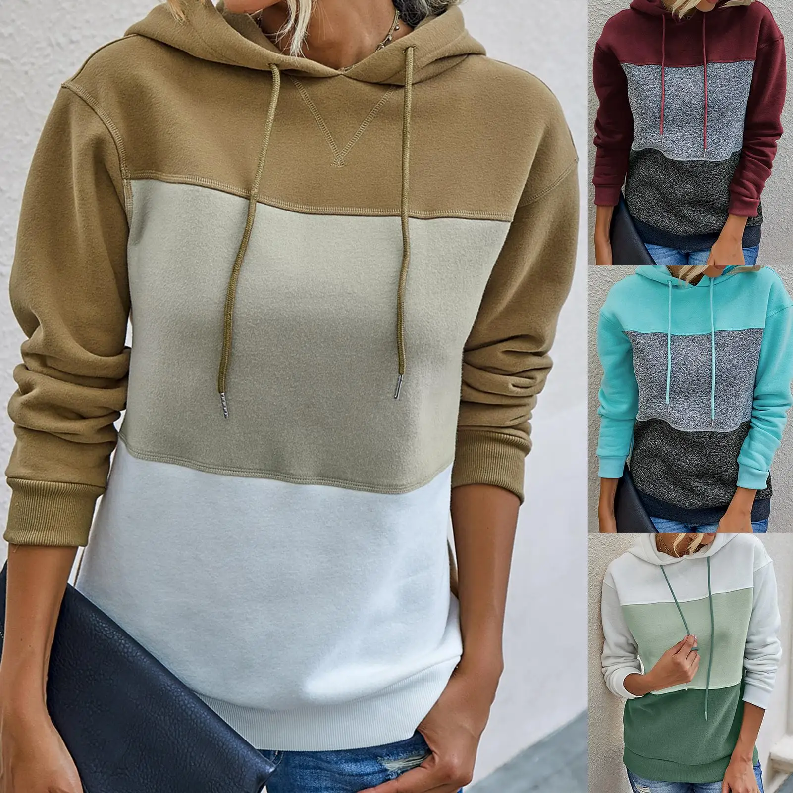 

Autumn Winter Warm Hoodies Women Color Block Drawstring Casual Loose Hooded Sweatshirt Plus Velvet Pocket Hoodies Pullover Coat
